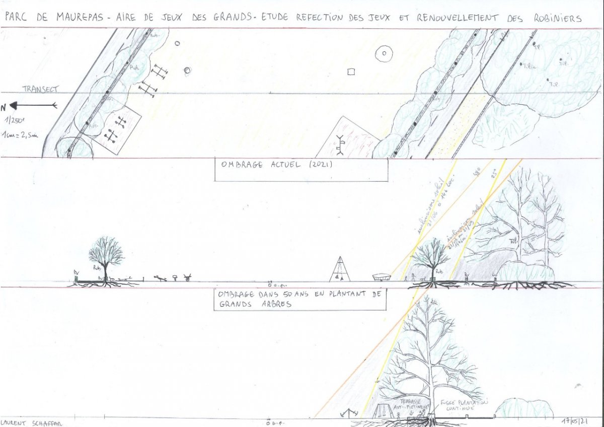 Proposition de renouvellement des Robinia de l'aire de jeux des grands du parc de Maurepas. Etude de l'ombrage projeté par les futurs arbres. Proposition de renouvellement des arbres de l'aire de jeux des grands du parc de Maurepas. Etude de l'ombrage projeté par les nouveaux arbres