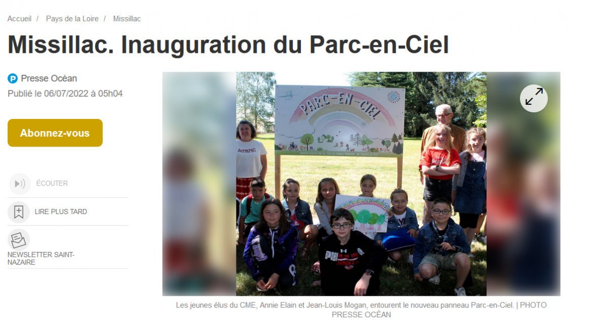 capture d'écran d'Ouest-France, article sur l'inauguration du Parc-en-Ciel à Missillac